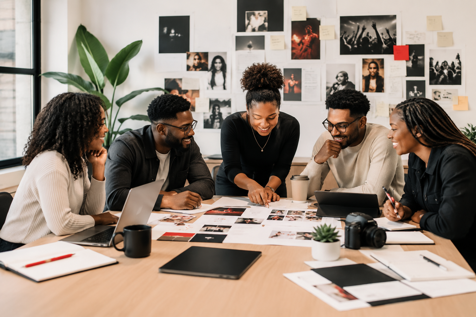Creative team collaborating around brand strategy and storytelling materials