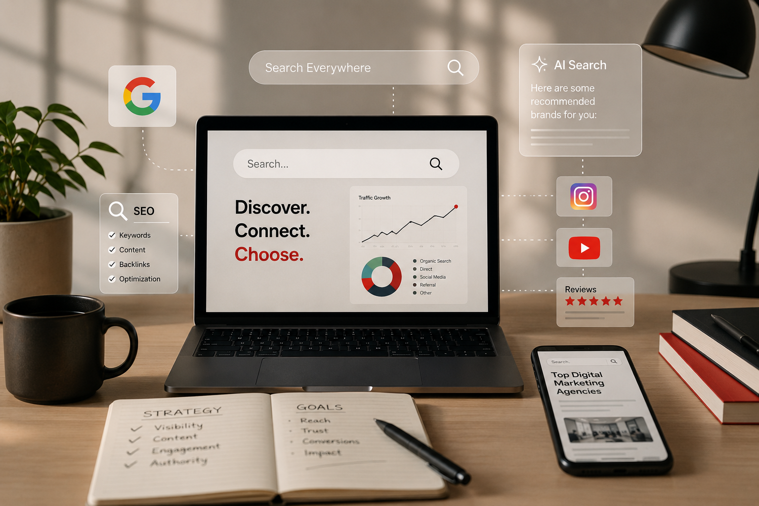 SEO and SGO discovery strategy dashboard across search, AI, social, and reviews