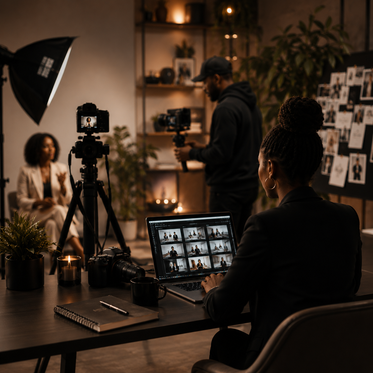 Creative production team filming branded content in a warm studio