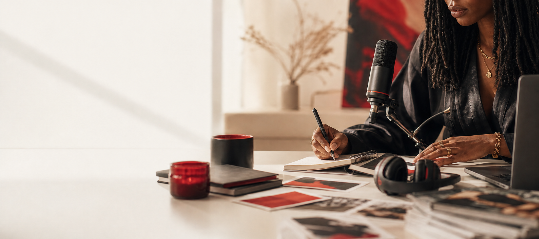 Creative studio desk with microphone, notebook, and brand materials
